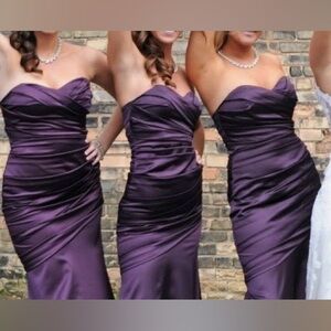David's Bridal Strapless Ruched Satin Gown in Plum Purple